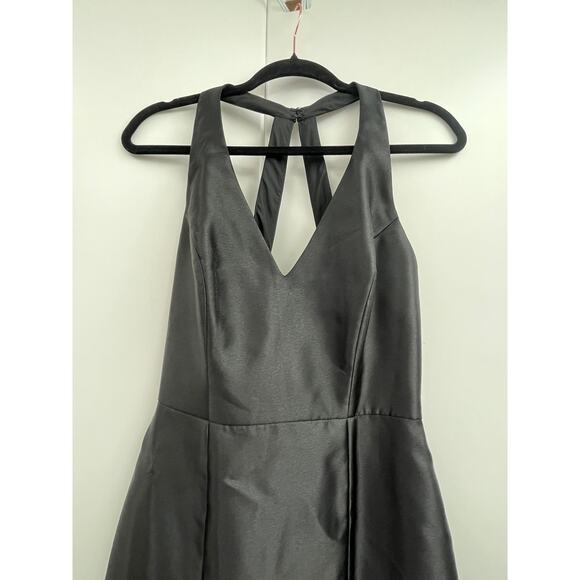 Alfred Sung Solid Black Satin Trumpet Gown Maxi Thigh-Slit Sample Dress 8 - Picture 5 of 7